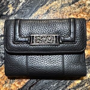 Brighton Black Pebbled Leather Compact Wallet with Silver Filigree Accent